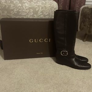 Gucci Black Leather Interlocking G Sachalin Pull-on Riding Boots Sz 38 1/2